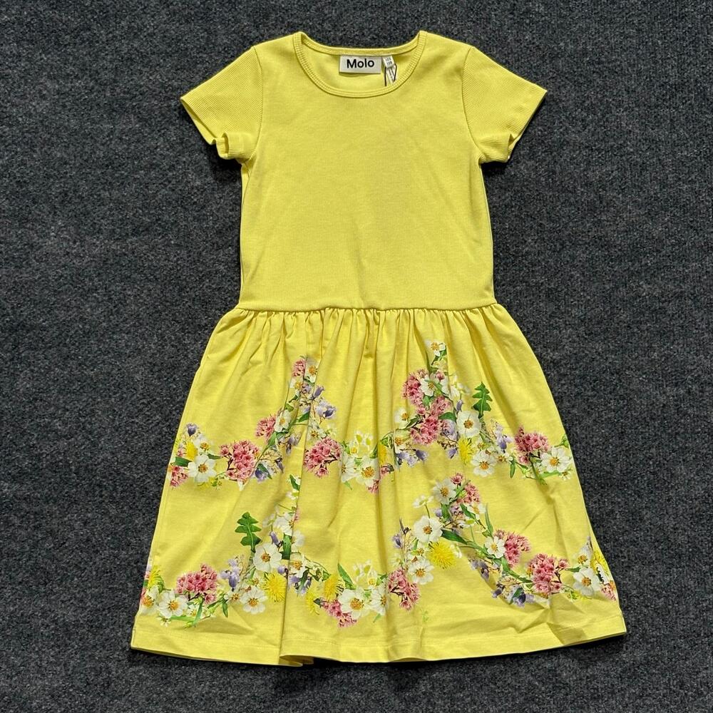 Molo Dress Girls 7-8 Yellow Floral Print Short Sleeve Organic Cotton Fit Flare